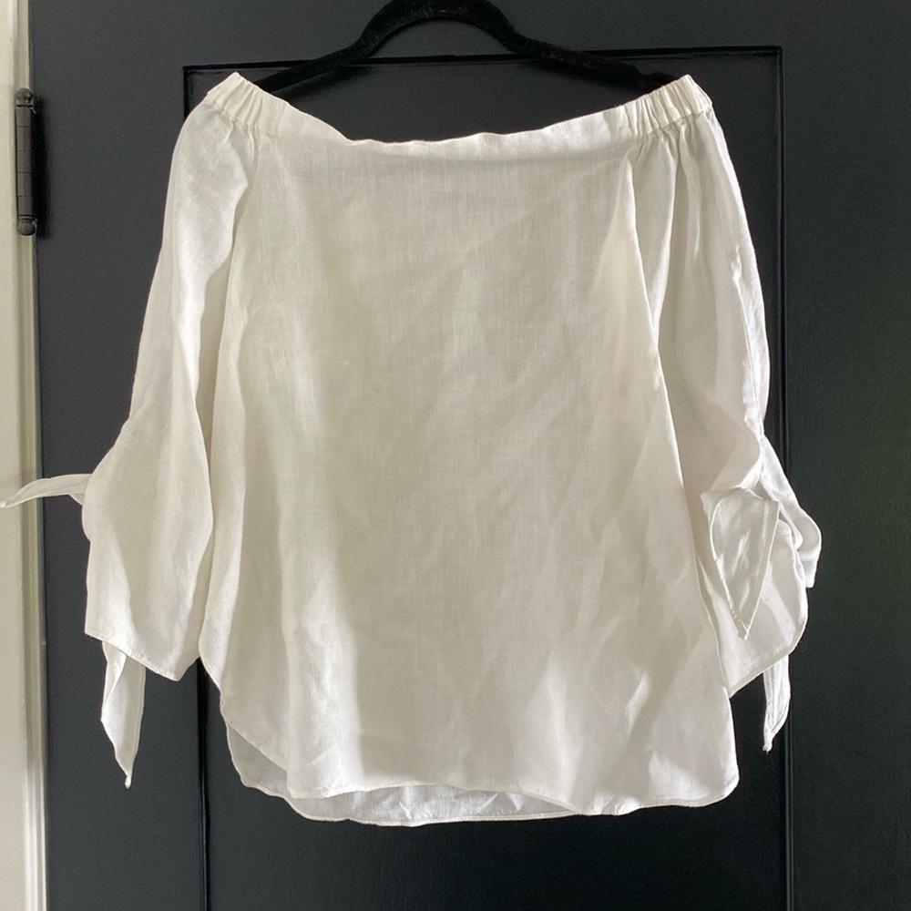 Cute Women’s Laju White Flowy 100% Linen Off the Shoulder Blouse Top Sz M